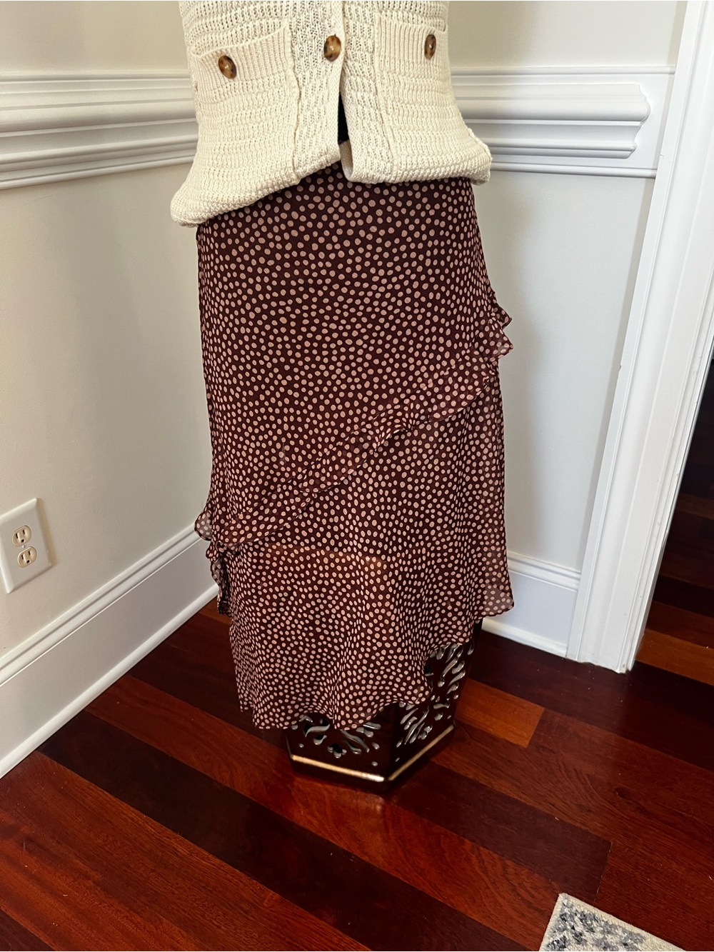 Zara Brown and Cream Asymmetrical Polka Dot Ruffle Skirt